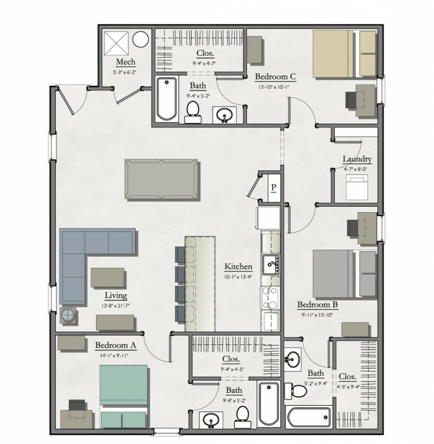 three bedroom floor plan layout of an apartment at hannah lofts