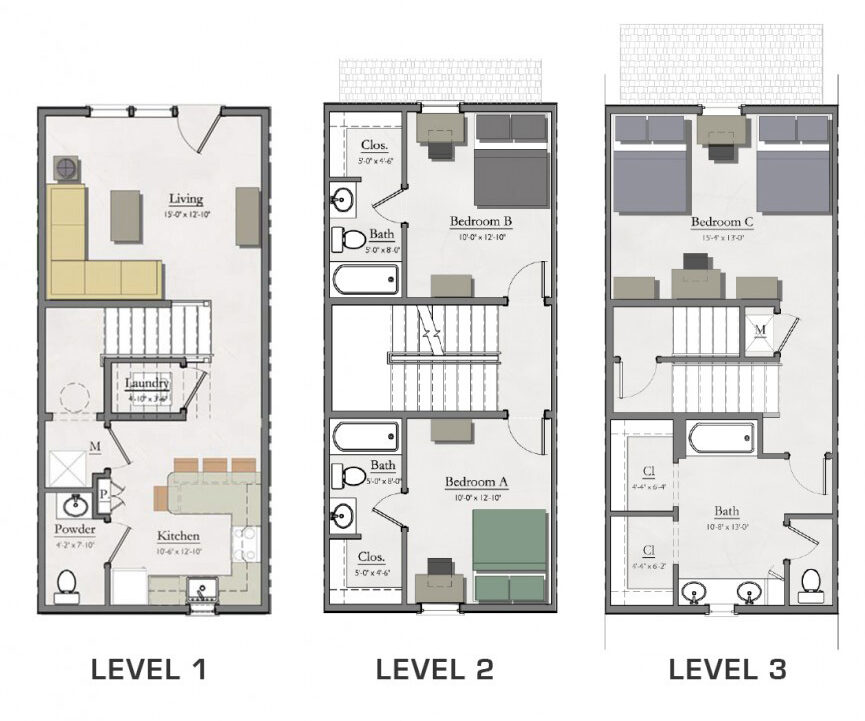 three bedroom floor plan layout of a townhome at hannah lofts
