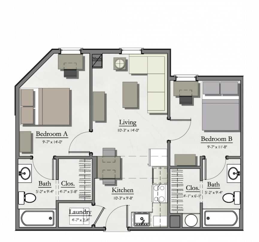 example floor plan layout of a two bedroom apartment at hannah lofts