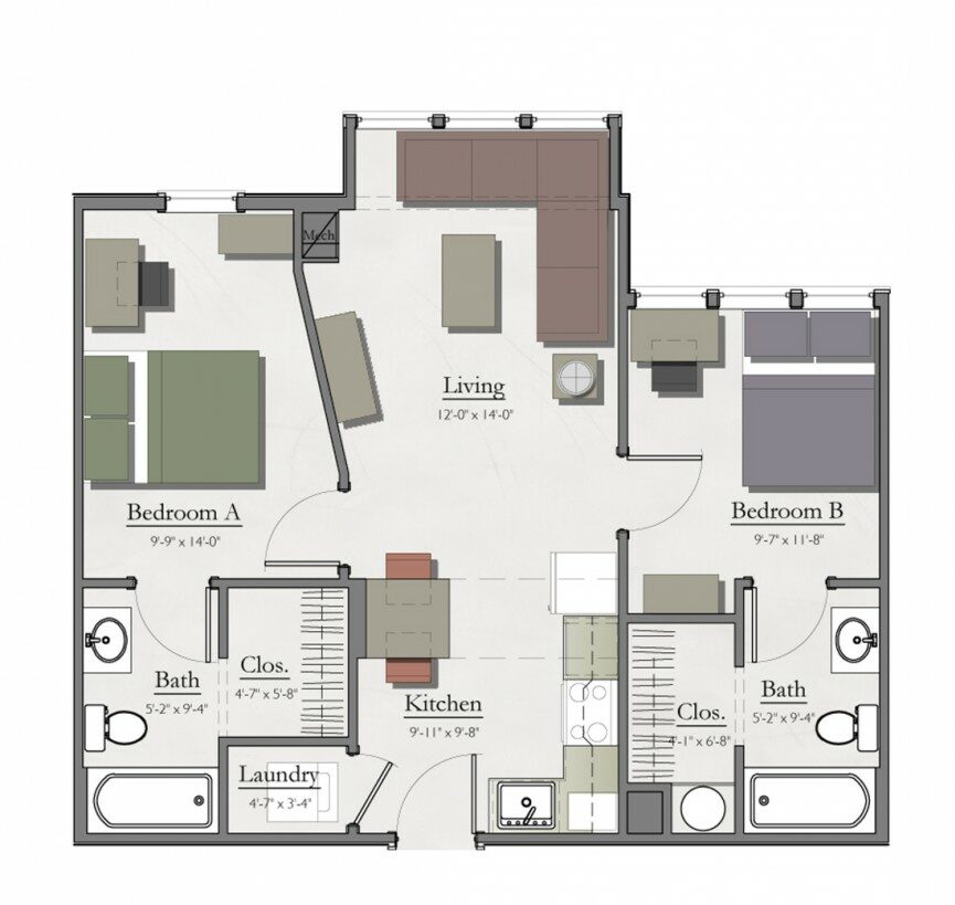 two bedroom floor plan layout at hannah lofts apartments