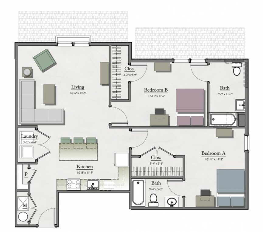 floor plan layout of a two bedroom apartment at hannah lofts