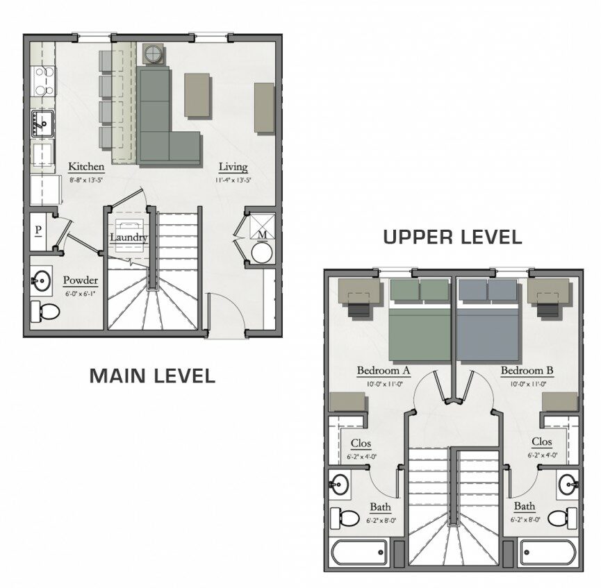 example floor plan layout of a two bedroom townhome at hannah lofts