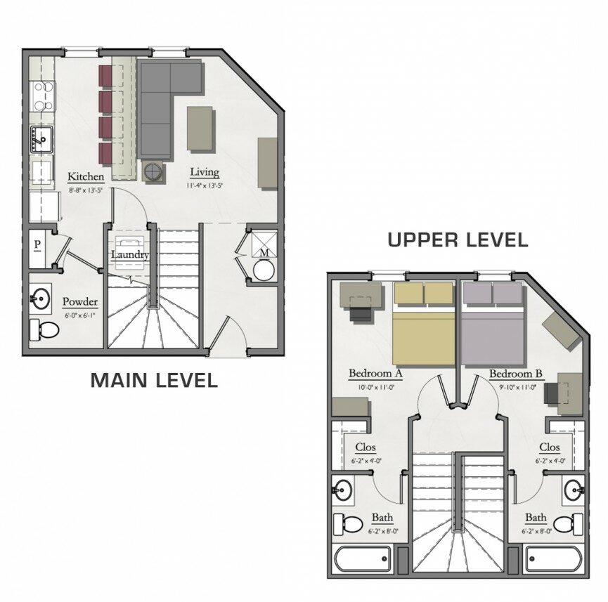 floor plan layout of a two bedroom townhome at hannah lofts